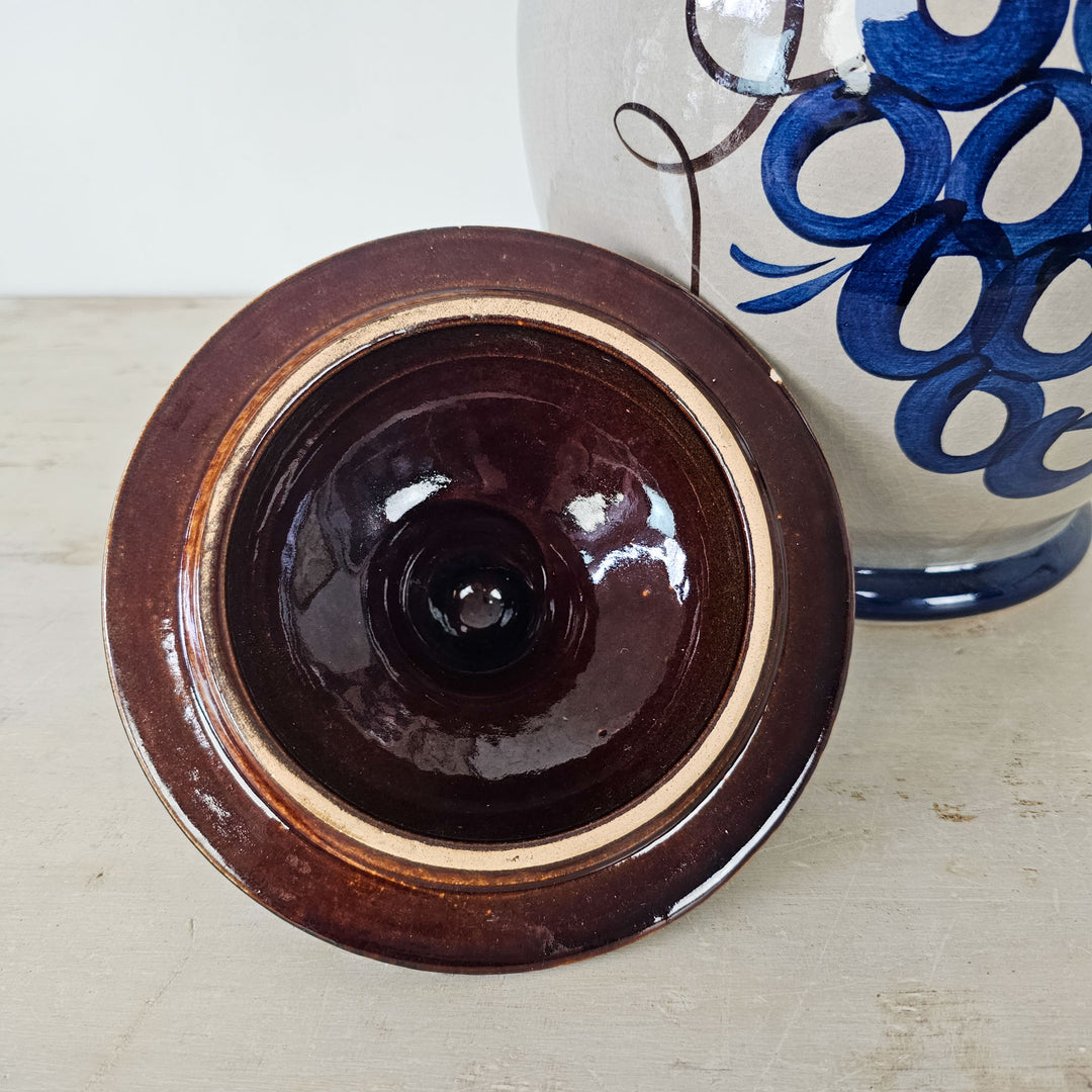 Vintage West German Ceramic Rumtopf Jar with Lid, ideal for storage or décor. Mid-century style for kitchen or hallway.