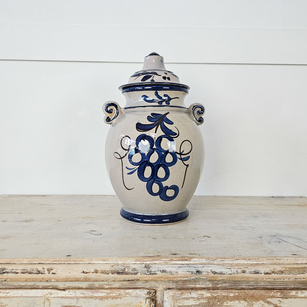 Vintage West German Ceramic Rumtopf Jar with Lid - Mid-century lidded pot in grey, black, and blue. Perfect for storage or décor.