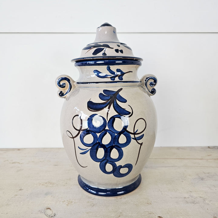 Vintage West German Ceramic Rumtopf Jar with lid, mid-century design, glazed pottery, perfect for storage or décor, classic grey, black, and blue motif.