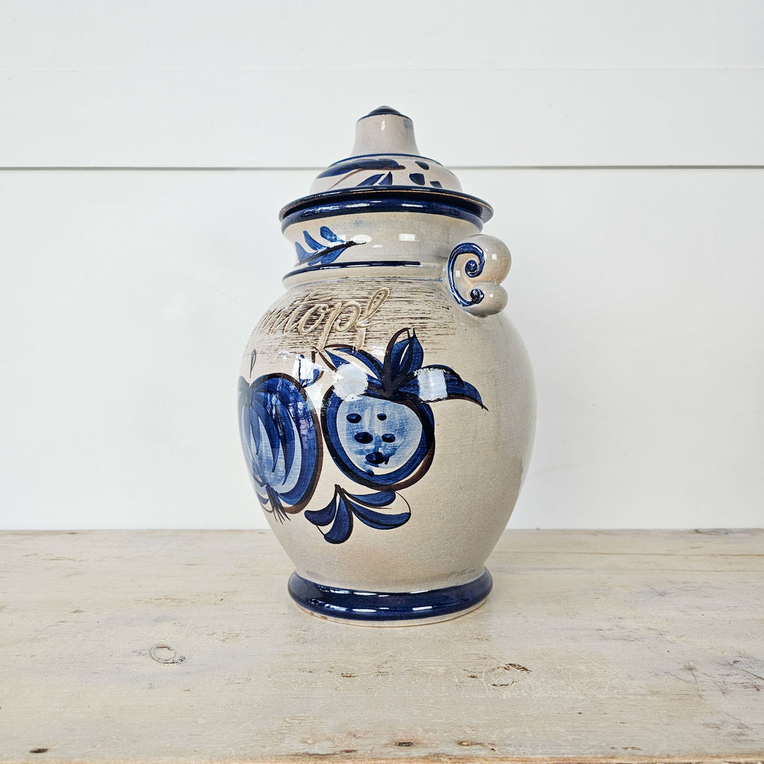Vintage West German Ceramic Rumtopf Jar with Lid, perfect for storage or décor in kitchen or hallway. Mid-century style.