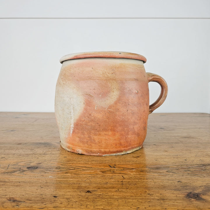 19th-century French confit pot with a soft glazed finish and sturdy handle.