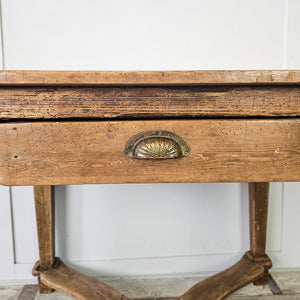 "Traditional table with drawer and stretcher from rural France."
