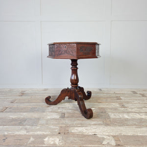 19th century Victorian sewing table with personalised Mrs J S Mann inscription to carved lid
