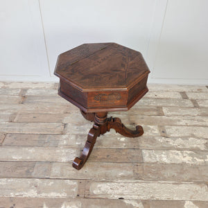 Victorian sewing table with personalised inscription and carved urn of flowers to octagonal lid
