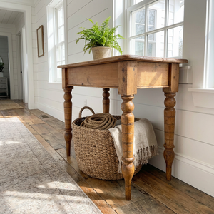 A small 19th-century antique pine farmhouse table featuring a two-plank top with rounded edges and a straightforward apron. The table stands on turned legs that have been lengthened at the base using newer timber.