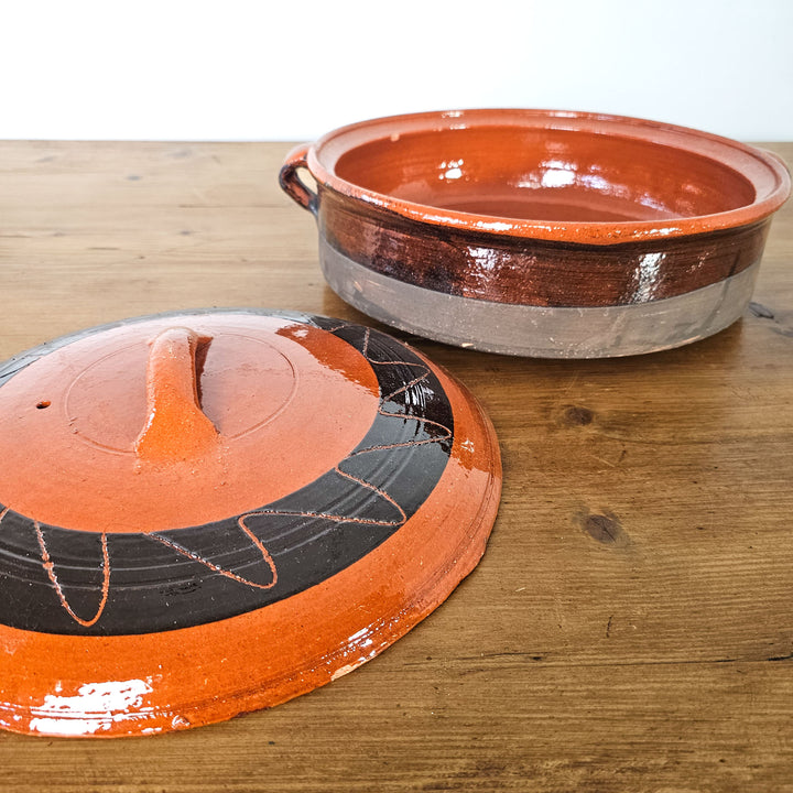 Antique Spanish terracotta pot with lid, ready for the kitchen.
