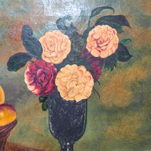 An antique oil painting still life depicting a vase of roses and assorted fruit, painted in rich colours and mounted in a gilt frame, well-suited for dining rooms or hallways.
