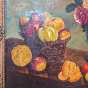 The Victorian still life oil painting features bold tones set against a soft green background, framed in gilt and painted on canvas with a signature and date to the lower right.

