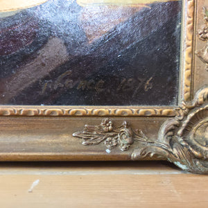 A decorative framed artwork from the late 1800s, showing a still life of roses, fruit and ceramics in oil on canvas, presented in a detailed gilt frame and signed by the artist.
