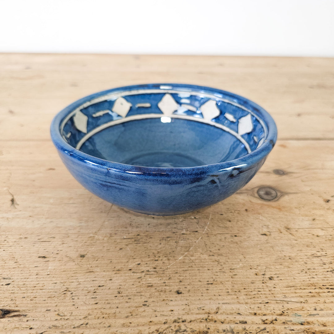 Blue serving bowl with diamond pattern