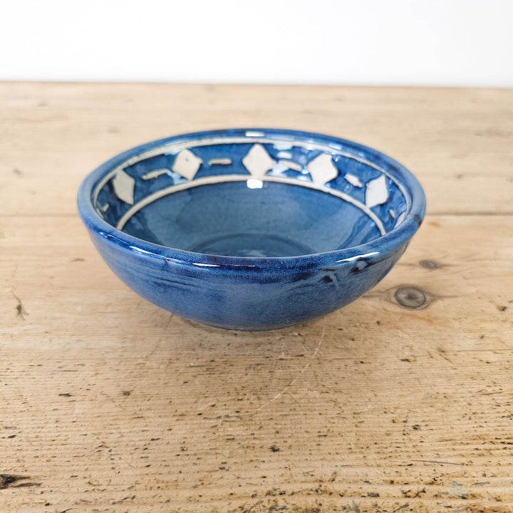 Blue serving bowl with diamond pattern