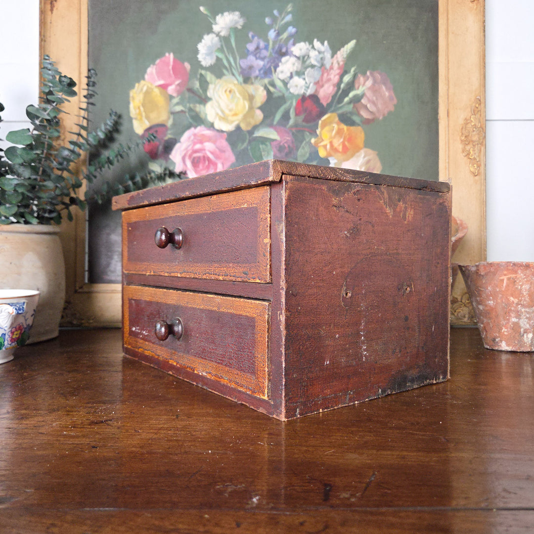 Antique tabletop drawers dating from the Victorian period, pine construction with original paint and two drawers. A practical storage piece for country house style or antique home decor.