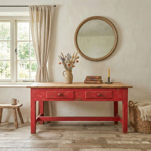 Large Victorian antique pine farmhouse prep table with vibrant red-painted base
