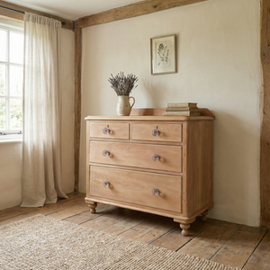 Victorian pine chest of drawers with a two-over-two layout and original pressed glass knobs.
