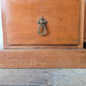Victorian kneehole desk in cherrywood with original brass drop pendant handles dating to 1870 to 1900