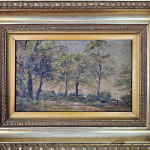 Framed Victorian countryside painting in gilt wood frame, original antique artwork with gentle brushstrokes and classic rural subject, perfect for gallery wall, shelf, or mantel styling.
