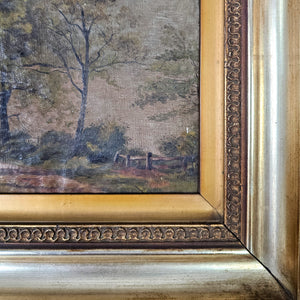 Original antique landscape painting from the 1800s, Victorian oil on board set in a detailed gilt frame, serene natural subject with trees and sky, ideal for traditional or vintage-inspired interiors.
