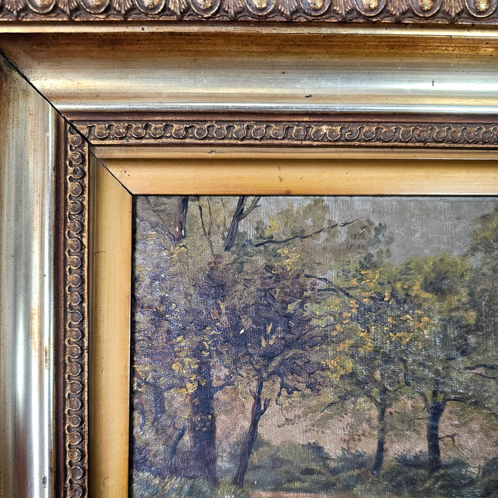 19th century original oil painting in ornate gold gilt frame, soft muted tones with a rural English setting, decorative antique wall art that works well in sitting rooms, hallways or bedrooms.
