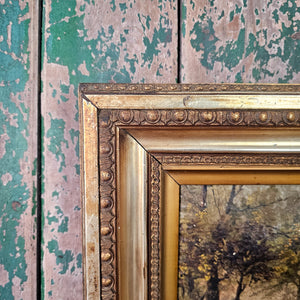 Antique Victorian artwork in gilt frame, painted on board with subtle countryside details and delicate colour palette, a versatile piece for styling across interiors in a gallery wall or alone.
