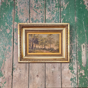 Antique 19th century landscape painting in decorative gold gilt frame, rural English scene with soft brushwork and subdued tones, ideal for hallway, bedroom or living room wall art display.
