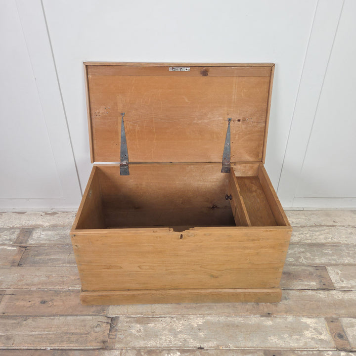 Antique Victorian pine blanket chest with hinged lid and candle box, sealed in clear wax to protect the surface. A rustic pine storage chest or blanket box that doubles as a farmhouse coffee table or toy box.