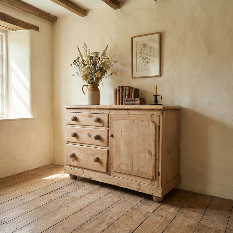 Farmhouse style pine sideboard with three graduated drawers and a cupboard on sturdy bun feet.
