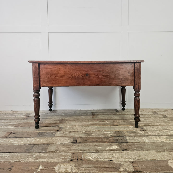 Antique pine table with three drawers and solid structure, ideal for study, kitchen or hallway
