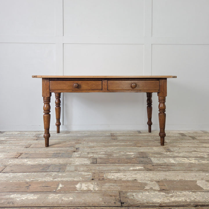 Victorian farmhouse prep table, antique pine, two drawers, turned legs, and classic English details, a versatile piece for kitchens, living rooms, or offices.
