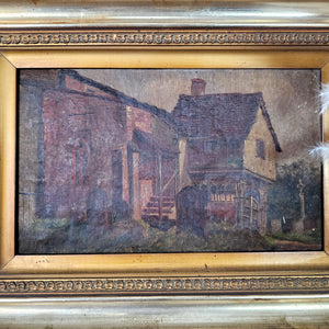 • 
Victorian landscape painting in oil on board, showing a peaceful rural scene with a classic country building. Its decorative gilt frame and subtle colour palette make this 19th century artwork ideal for adding genuine historic charm to your space.