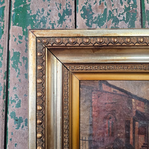19th century Victorian oil painting on board, showing a rustic country scene with gentle brushwork and soft, natural colours. The ornate gilt frame enhances its antique character, making it a timeless decorative piece for vintage collectors.
