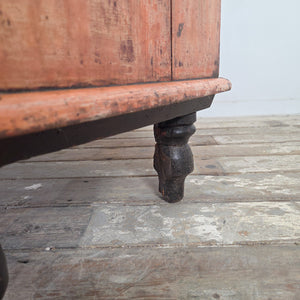 Antique painted pine bedroom chest with five graduating drawers and four dark contrasting turned bun feet below
