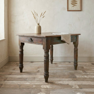 Victorian pine farmhouse table with a distressed blue-green painted base and a waxed planked top
