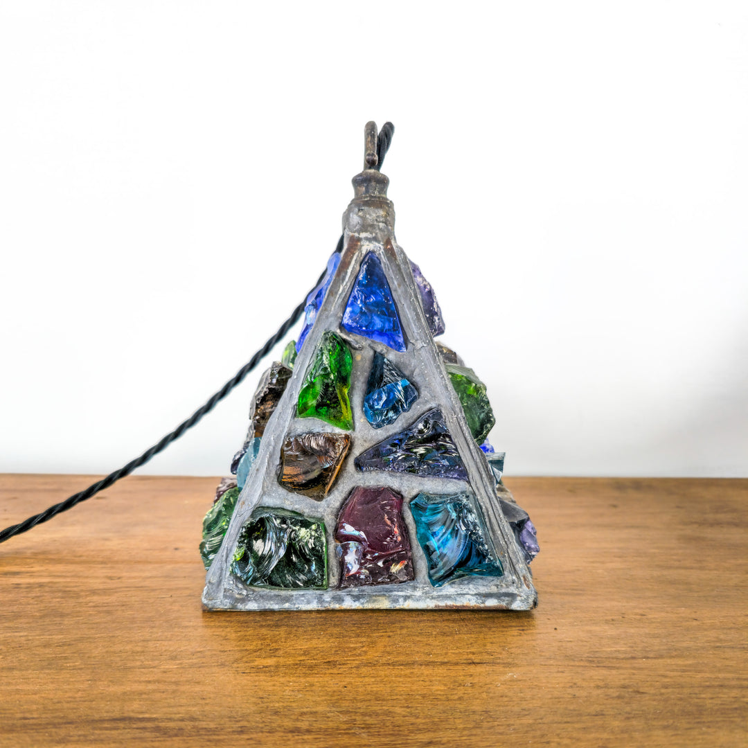 Mid Century Coloured Glass Pendant Light - Vintage Peter Marsh Design - Triangular panels adorned with vibrant coloured glass rocks, suspended in an elegant hanging lantern