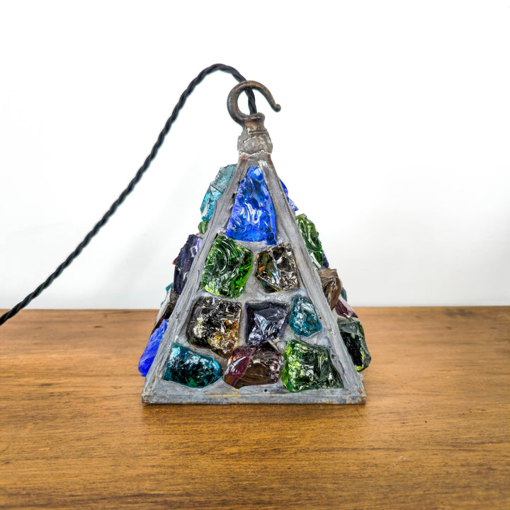 Mid Century Coloured Glass Pendant Light - Vintage Peter Marsh Design - Triangular panels adorned with vibrant coloured glass rocks, suspended in an elegant hanging lantern