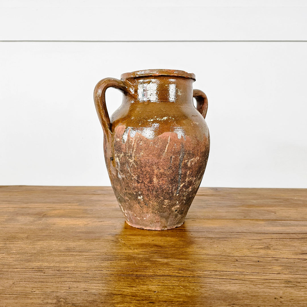 Glazed Rustic Turkish Jar with Olive Green Drip Glaze and Two Handles