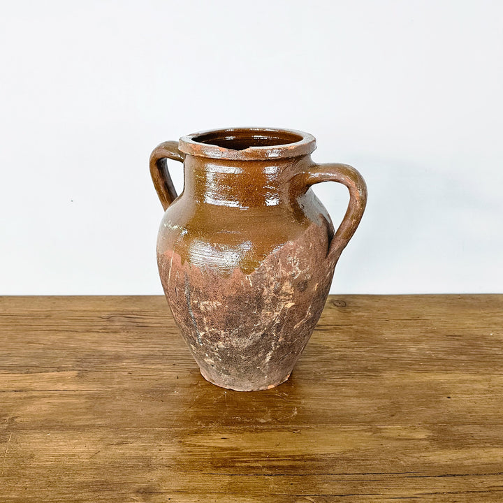 Glazed Rustic Turkish Jar with Olive Green Drip Glaze and Two Handles