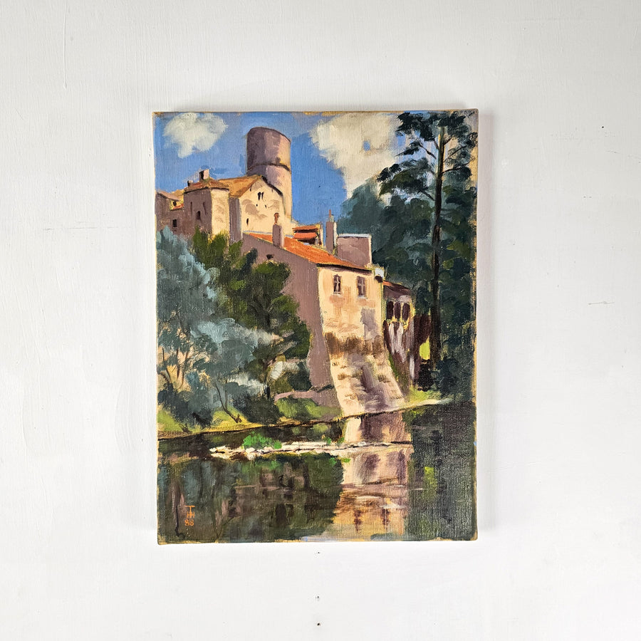 Vintage 1988 oil painting by Hugh Tasker: Rustic building by a tranquil stream under blue skies and lush trees, a charming decor addition