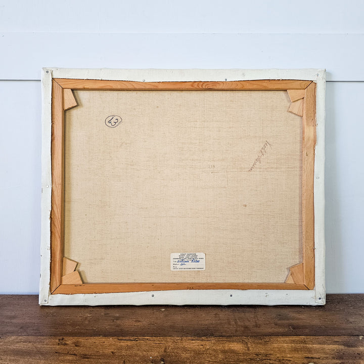 Back view of Violet Harrison's vintage oil painting on canvas, showing the natural texture of the canvas, the wooden stretcher, and the artist’s label with title and studio information.