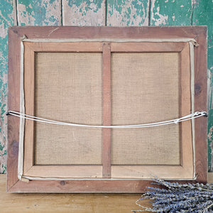 A 1940s rural river painting with a tall windmill and modest buildings.

