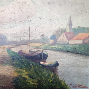 Tranquil farming village scene under soft, muted tones.