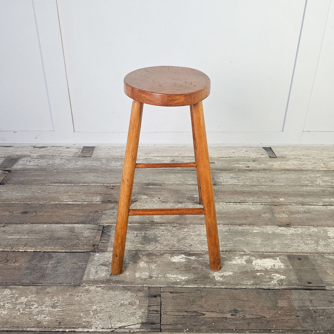 Vintage mid-century elm stool with oval seat and straight legs.
