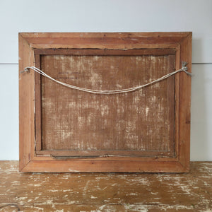 Framed Belgian still life oil painting, painted in earthy, neutral tones. The composition brings together everyday kitchen objects including a jug and copper pan, reflecting the early 20th century European style. Signed by artist Bertha Lombet in the lower right corner.
