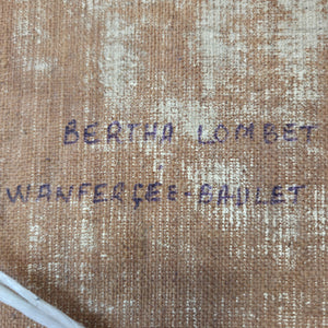 Decorative vintage oil on canvas painting depicting pottery, glassware, and a copper pan with expressive brushwork. Presented in a carved wooden frame, this signed piece by Bertha Lombet adds a touch of rustic charm to farmhouse kitchens and dining rooms.
