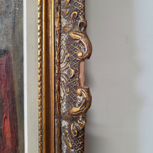 Early 20th century Belgian oil painting featuring a group of kitchen items: pottery jug, clear glass, decanter, and a distinctive copper pan. This vintage artwork, signed by Bertha Lombet, is finished with a decorative wooden frame and ready to hang.
