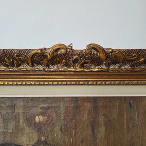 Vintage still life oil painting signed by Bertha Lombet, depicting familiar kitchen objects with an emphasis on colour and texture. The copper pan’s orange tones draw the eye, while the frame’s detailing complements the painting’s rustic style.