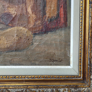 Authentic vintage still life oil painting with a decorative wooden frame, showcasing pottery, glass, and a shining copper pan. The signed piece by Bertha Lombet demonstrates a strong sense of composition and works well in kitchens or living spaces.
