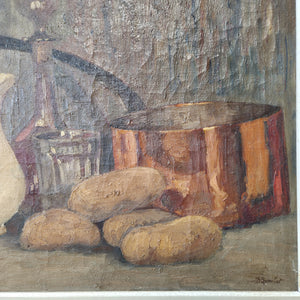 Framed Belgian still life oil painting, circa 1940, signed by Bertha Lombet. The painting captures everyday kitchenware in a timeless arrangement, highlighted by the warm hues of the copper pan and the refined details of the decorative frame.
