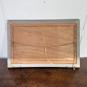 Original vintage oil painting of a French rural landscape on board, 20th century, with a softly reflective pond, tall tree line, and meadow scene. Set in a rustic painted wooden frame, the artwork balances greens, blues, and natural earth shades, creating an evocative decorative wall piece for the home.