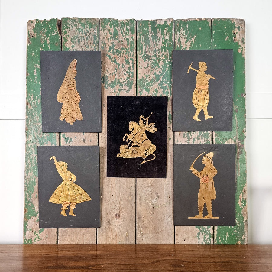 Individual vintage wall hanging with Middle Eastern design in brass and copper on card.