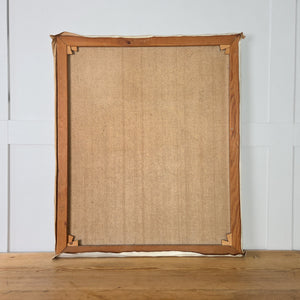 A vintage oil painting portraying two nude female forms in muted tones of cream, brown and olive green, mounted on canvas and ready for hanging.
